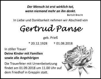 Traueranzeige von Gertrud Panse von Mitteldeutsche Zeitung Bitterfeld