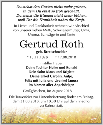 Traueranzeige von Gertrud Roth von Mitteldeutsche Zeitung Weißenfels