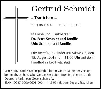 Traueranzeige von Gertrud Schmidt von Mitteldeutsche Zeitung Halle/Saalkreis
