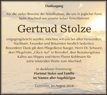 Traueranzeige von Gertrud Stolze von Super Sonntag SGH Mansf. Land