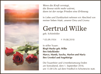 Traueranzeige von Gertrud Wilke von WVG - Wochenspiegel Dessau / Köthen