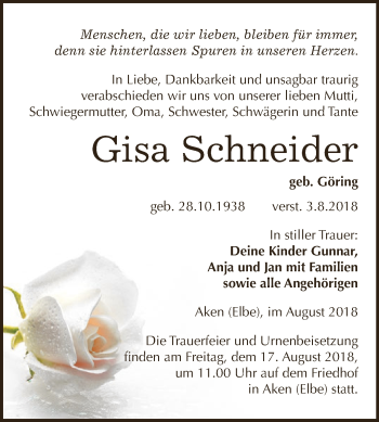 Traueranzeige von Gisa Schneider von WVG - Wochenspiegel Dessau / Köthen