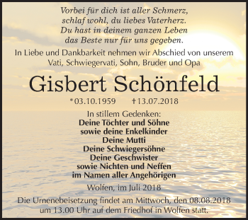 Traueranzeige von Gisbert Schönfeld von Mitteldeutsche Zeitung Bitterfeld