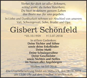 Traueranzeige von Gisbert Schönfeld von WVG - Wochenspiegel Bitterfeld