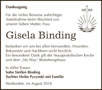Traueranzeige von Gisela Binding von WVG - Wochenspiegel NMB / WSF / ZTZ