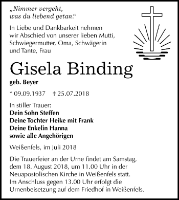 Traueranzeige von Gisela Binding von Mitteldeutsche Zeitung Weißenfels