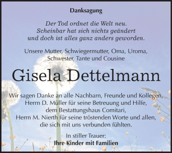 Traueranzeige von Gisela Dettelmann von Mitteldeutsche Zeitung Weißenfels