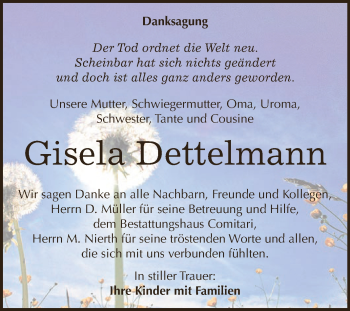Traueranzeige von Gisela Dettelmann von WVG - Wochenspiegel NMB / WSF / ZTZ