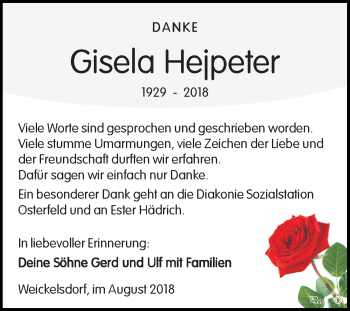 Traueranzeige von Gisela Hejpeter von Mitteldeutsche Zeitung Zeitz