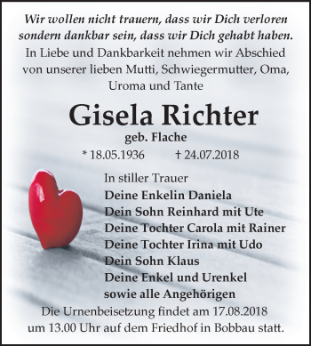 Traueranzeige von Gisela Richter von WVG - Wochenspiegel Bitterfeld