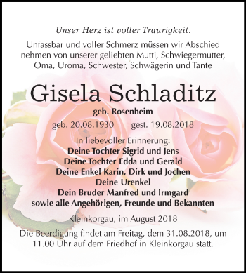 Traueranzeige von Gisela Schladitz von Mitteldeutsche Zeitung