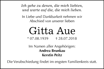 Traueranzeige von Gitta Aue von Mitteldeutsche Zeitung Quedlinburg