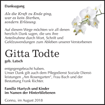 Traueranzeige von Gitta Todte von Mitteldeutsche Zeitung Sangerhausen
