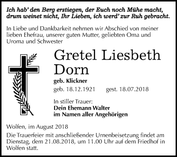 Traueranzeige von Gretel Liesbeth Dorn von Mitteldeutsche Zeitung Bitterfeld