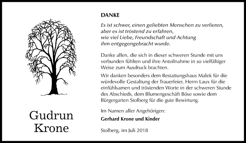  Traueranzeige für Gudrun Krone vom 11.08.2018 aus Mitteldeutsche Zeitung