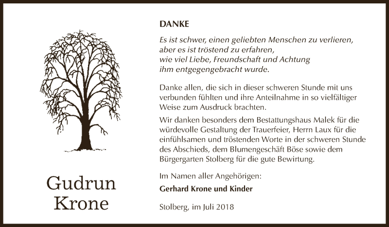  Traueranzeige für Gudrun Krone vom 11.08.2018 aus Super Sonntag SGH Mansf. Land