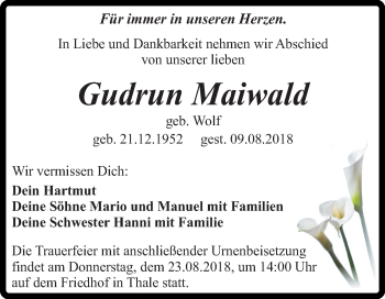 Traueranzeige von Gudrun Maiwald von Mitteldeutsche Zeitung Quedlinburg