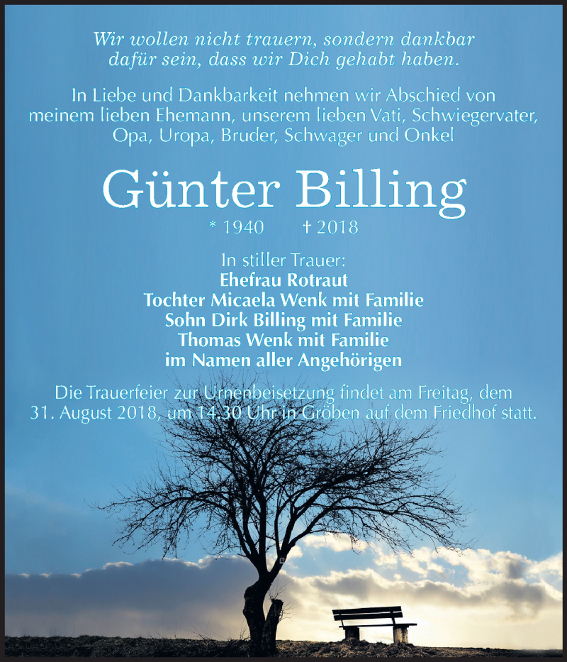  Traueranzeige für Günter Billing vom 22.08.2018 aus Mitteldeutsche Zeitung Weißenfels