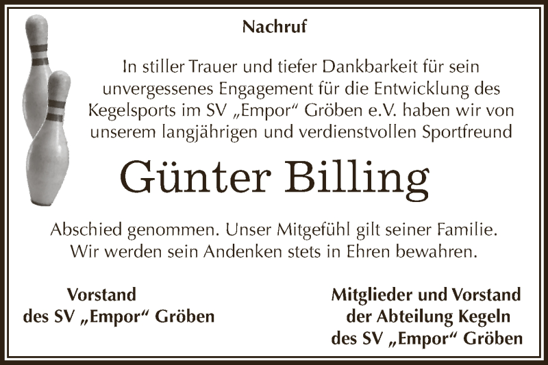  Traueranzeige für Günter Billing vom 22.08.2018 aus Super Sonntag Zeitz