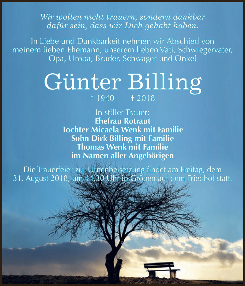  Traueranzeige für Günter Billing vom 22.08.2018 aus WVG - Wochenspiegel NMB / WSF / ZTZ