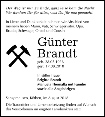 Traueranzeige von Günter Brandt von Mitteldeutsche Zeitung Sangerhausen