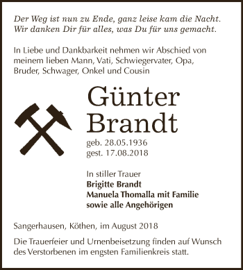 Traueranzeige von Günter Brandt von Super Sonntag SGH Mansf. Land