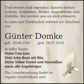 Traueranzeige von Günter Domke von Mitteldeutsche Zeitung