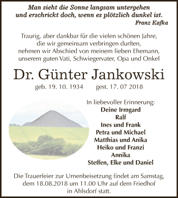 Traueranzeige von Günter Jankowski von Wochenspiegel Mansfelder Land