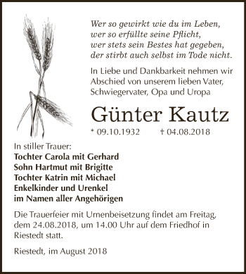 Traueranzeige von Günter Kautz von WVG - Wochenspiegel SGH