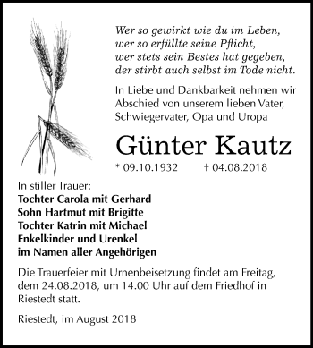 Traueranzeige von Günter Kautz von Mitteldeutsche Zeitung Sangerhausen