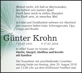 Traueranzeige von Günter Krohn von Mitteldeutsche Zeitung Halle/Saalkreis