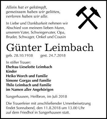 Traueranzeige von Günter Leimbach von Mitteldeutsche Zeitung Sangerhausen