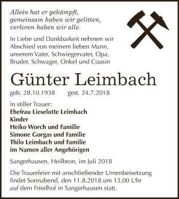 Traueranzeige von Günter Leimbach von Super Sonntag SGH Mansf. Land