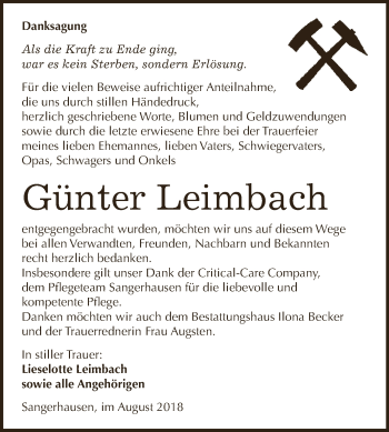 Traueranzeige von Günter Leimbach von Super Sonntag SGH Mansf. Land