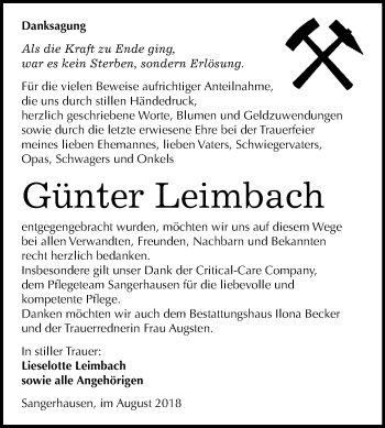 Traueranzeige von Günter Leimbach von Mitteldeutsche Zeitung Sangerhausen