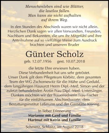 Traueranzeige von Günter Scholz von WVG - Wochenspiegel Bitterfeld
