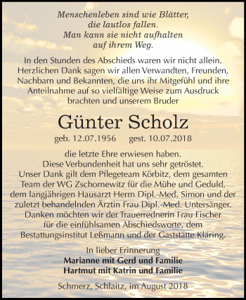 Traueranzeige von Günter Scholz von Mitteldeutsche Zeitung Bitterfeld