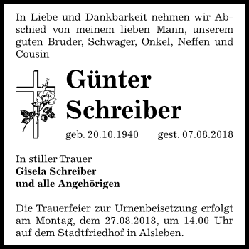 Traueranzeige von Günter Schreiber von Mitteldeutsche Zeitung Bernburg