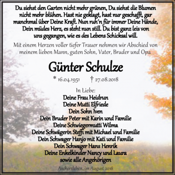 Traueranzeige von Günter Schulze von Mitteldeutsche Zeitung Aschersleben