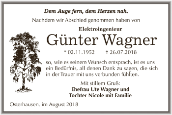 Traueranzeige von Günter Wagner von Wochenspiegel Mansfelder Land