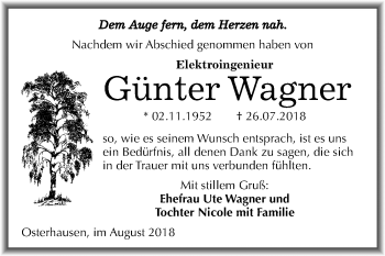Traueranzeige von Günter Wagner von Mitteldeutsche Zeitung
