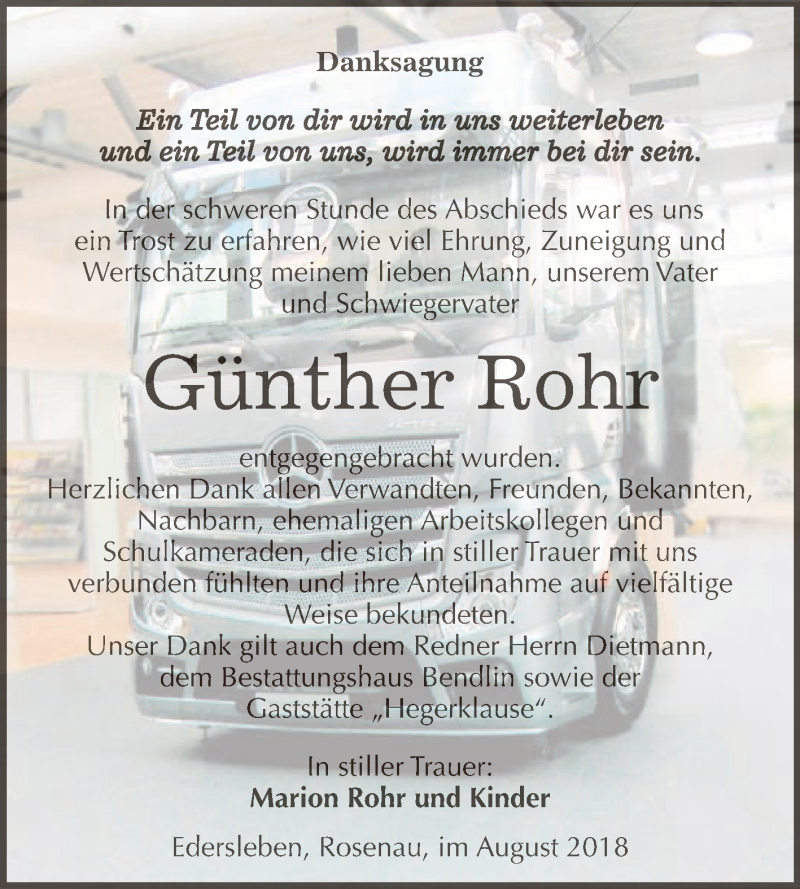  Traueranzeige für Günther Rohr vom 11.08.2018 aus Super Sonntag SGH Mansf. Land