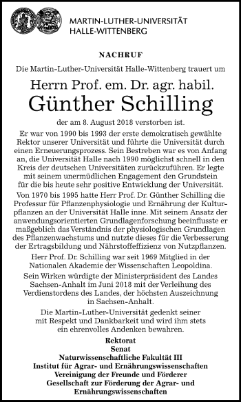 Traueranzeige von Günther Schilling von Mitteldeutsche Zeitung