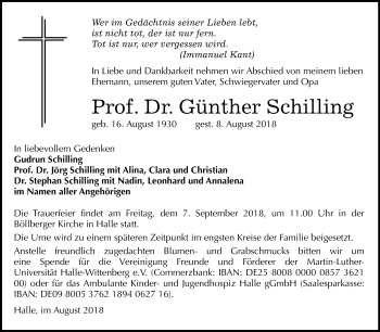 Traueranzeige von Günther Schilling von Mitteldeutsche Zeitung Halle/Saalkreis