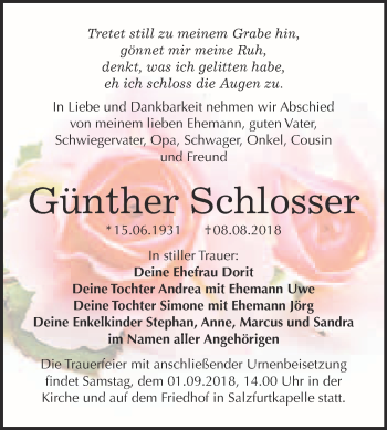 Traueranzeige von Günther Schlosser von WVG - Wochenspiegel Bitterfeld