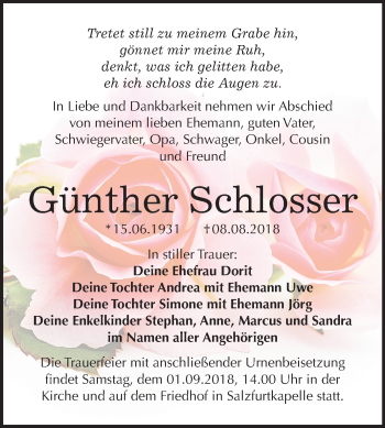 Traueranzeige von Günther Schlosser von Mitteldeutsche Zeitung Bitterfeld
