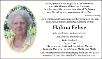 Traueranzeige von Halina Fehse von WVG - Wochenspiegel Bitterfeld