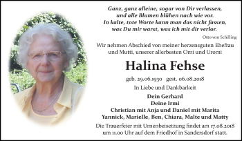 Traueranzeige von Halina Fehse von Mitteldeutsche Zeitung Bitterfeld