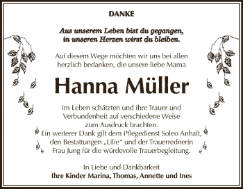 Traueranzeige von Hanna Müller von WVG - Wochenspiegel Dessau / Köthen