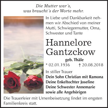 Traueranzeige von Hannelore Gantzckow von Mitteldeutsche Zeitung Bitterfeld